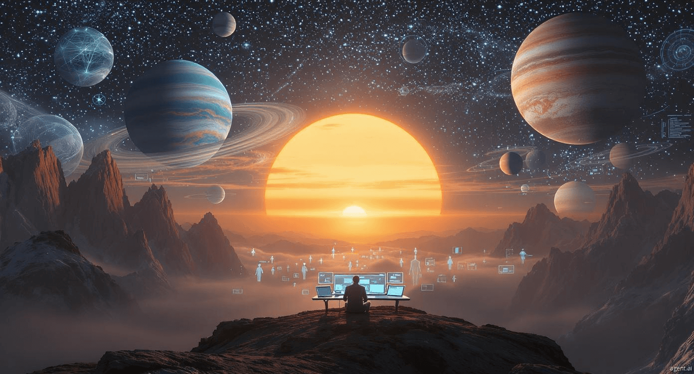 Cosmic landscape with person at desk