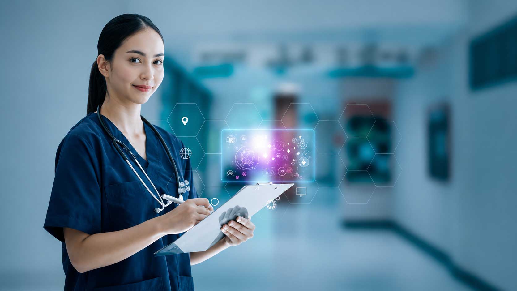 Healthcare technology specialists monitoring AI-powered application performance inside a modern digital operations center.