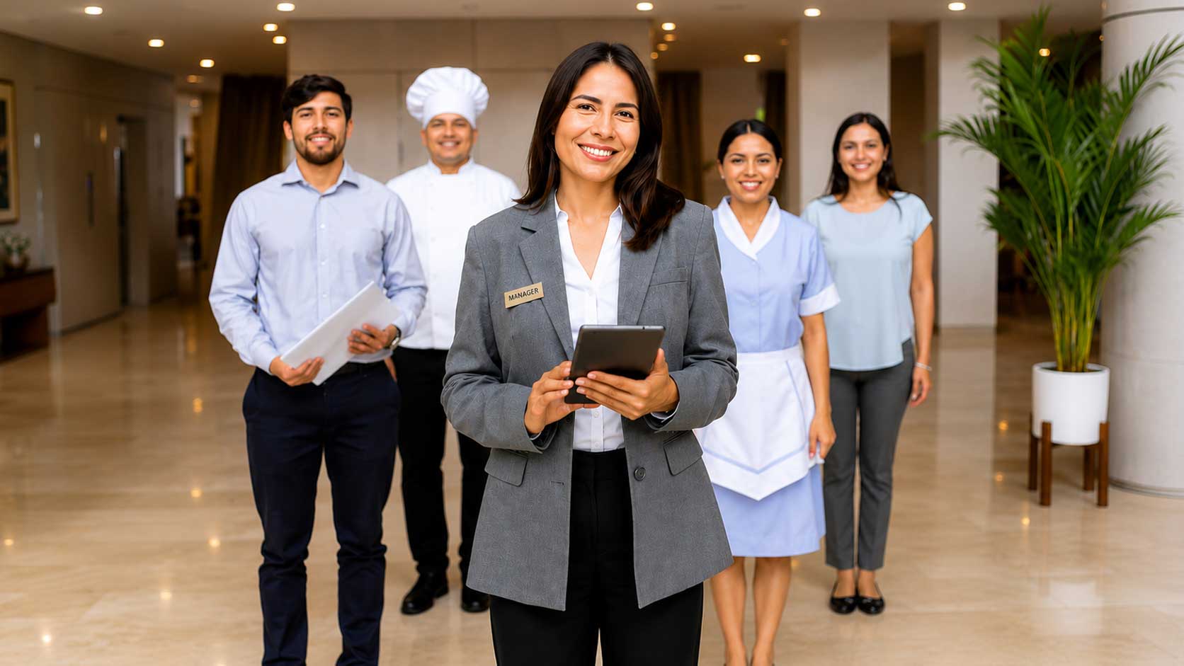 AI innovation culture consultant reviewing employee-submitted ideas with hospitality leadership