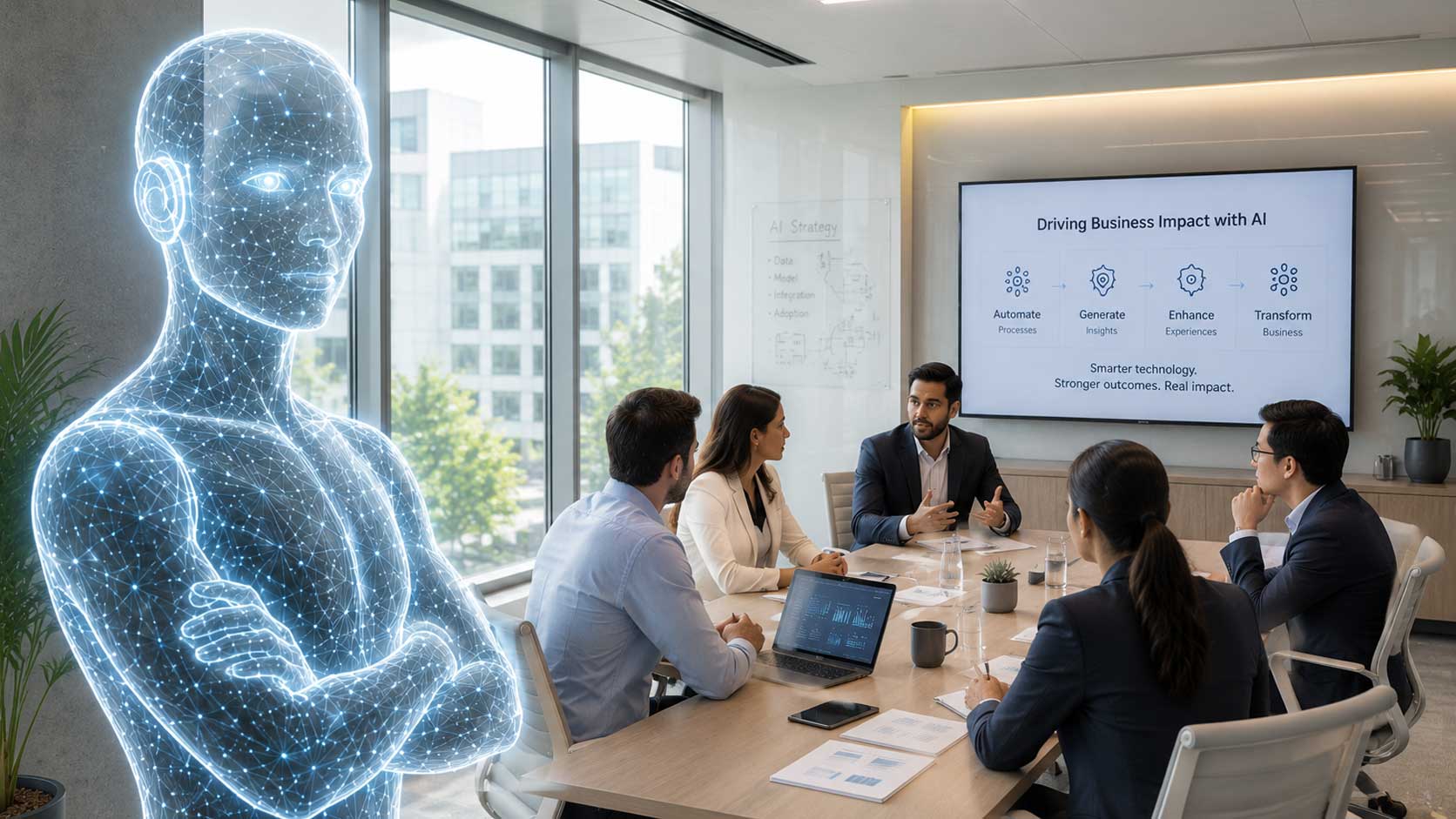 Executive leadership collaborating on an enterprise AI transformation roadmap.