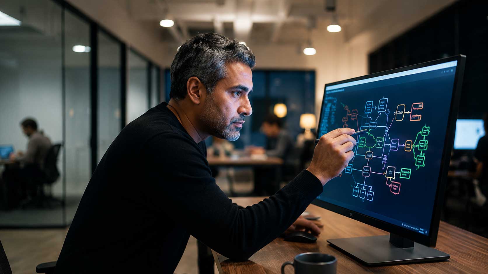 Cloud-native SaaS platform consultant reviewing scalability metrics in a modern engineering operations centre