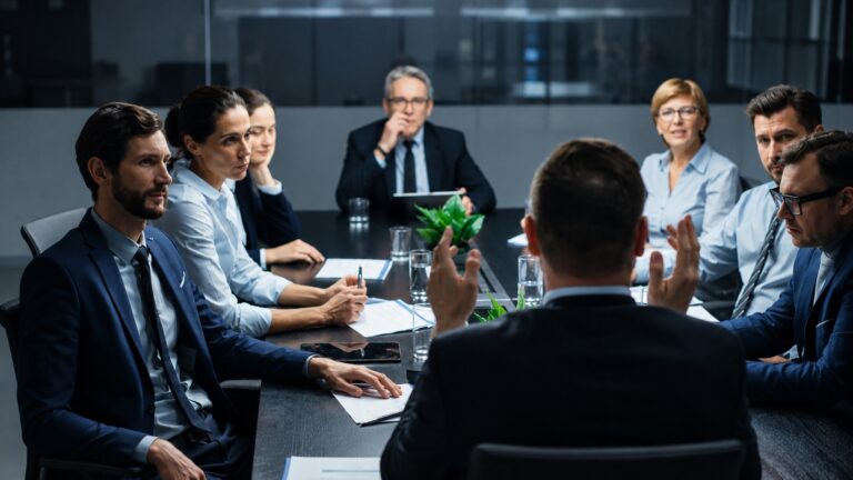 Executive governance strategy consultant reviewing decision ownership with international leadership