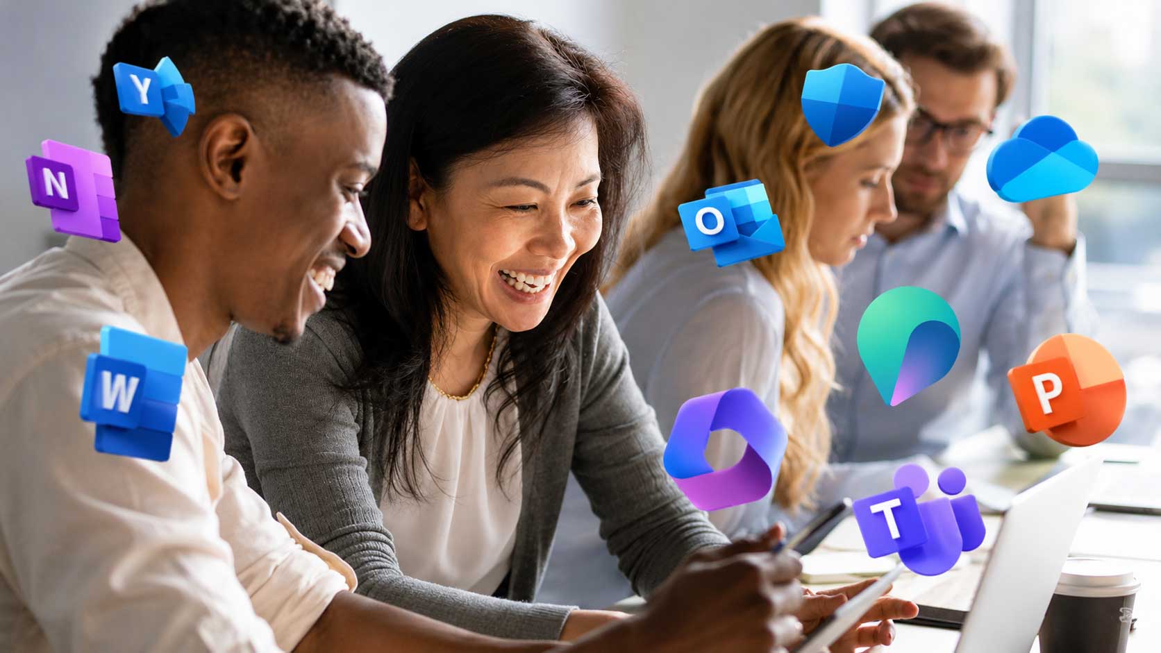 Retail business employees collaborating through Microsoft 365 in a modern digital workplace while IT specialists manage cloud operations.