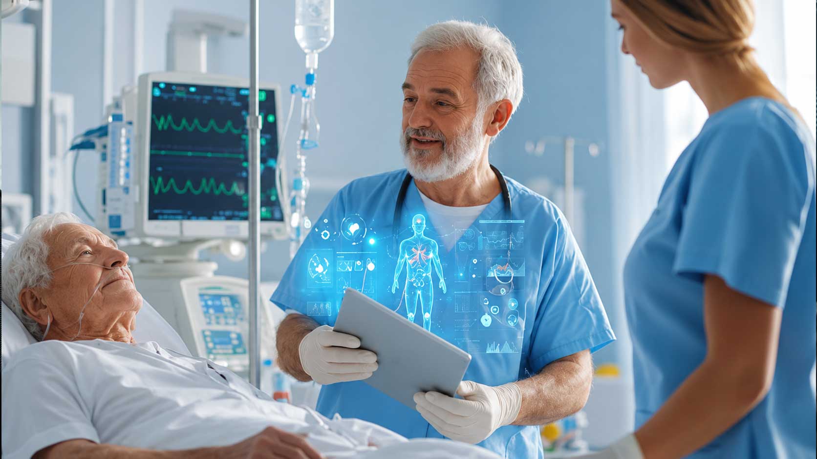 Responsible AI framework consultant reviewing clinical AI governance standards with healthcare leadership