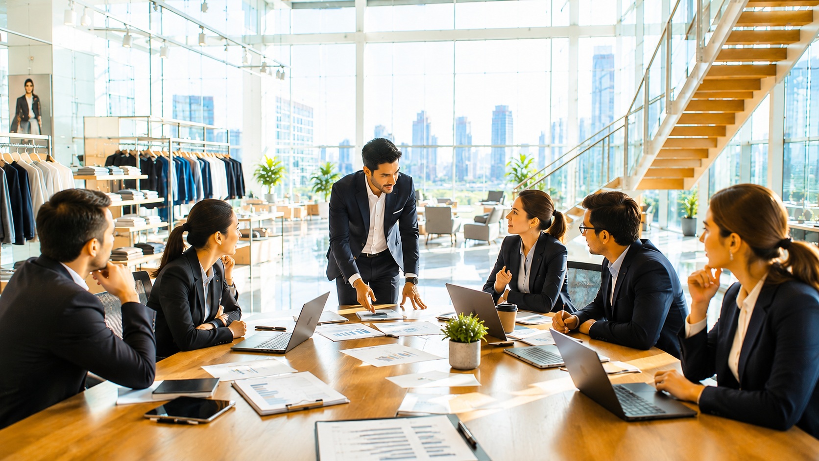 Sustainable leadership consultant advising an executive team inside a technology services headquarters