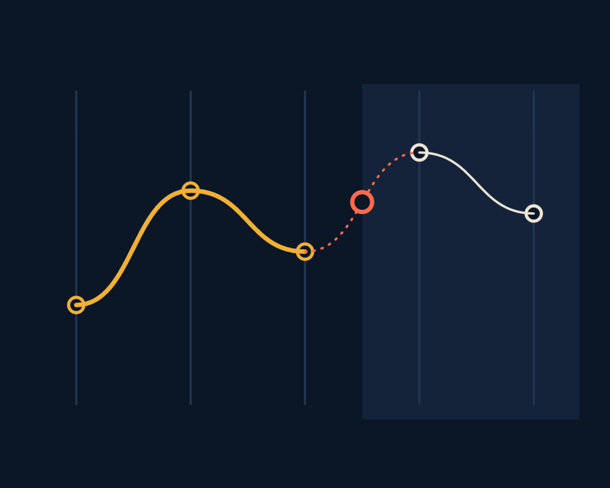 Line illustration of areas of depth as columns that one path crosses, breaking between two of them, drawn as columns crossed by a broken path.