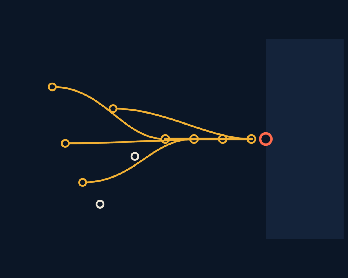 Line illustration of scattered individual strengths lining up into one line of work, with the last two not yet aligned, drawn as scattered rings, some unjoined.