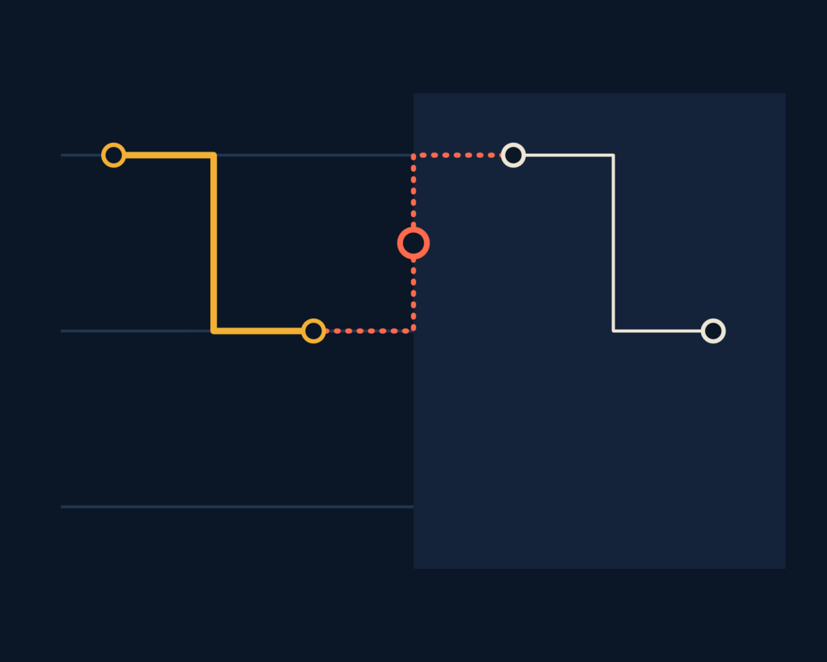 Line illustration of work handed between a partner and the firm in turn, where the hand-off must be explicit, drawn as parallel lanes, one hand-off broken.