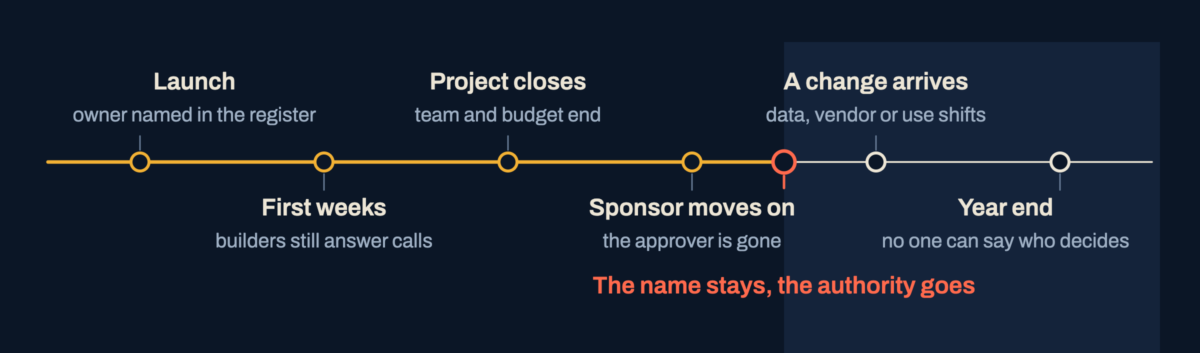 Timeline of the first year after launch: owner named, builders still answering, project closes, sponsor moves on, a change arrives, year end. A break after the sponsor leaves marks where the name stays and the authority goes.