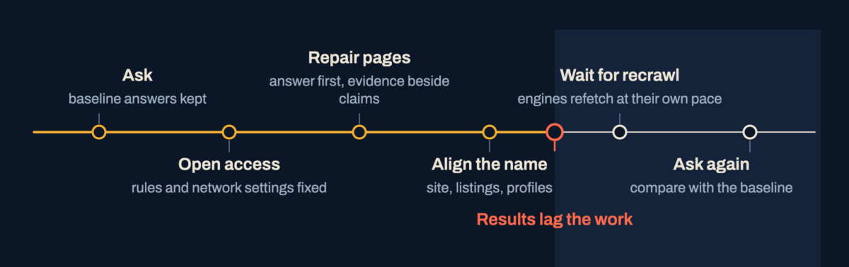 A six-step timeline from asking to asking again, with a break before the wait for recrawl, labeled results lag the work.