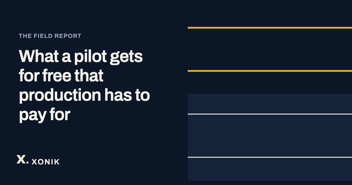 XONIK, What a pilot gets for free that production has to pay for. Line illustration of what a pilot receives for free, stacked, and the layer production has to pay for, drawn as stacked lines, one layer failing.