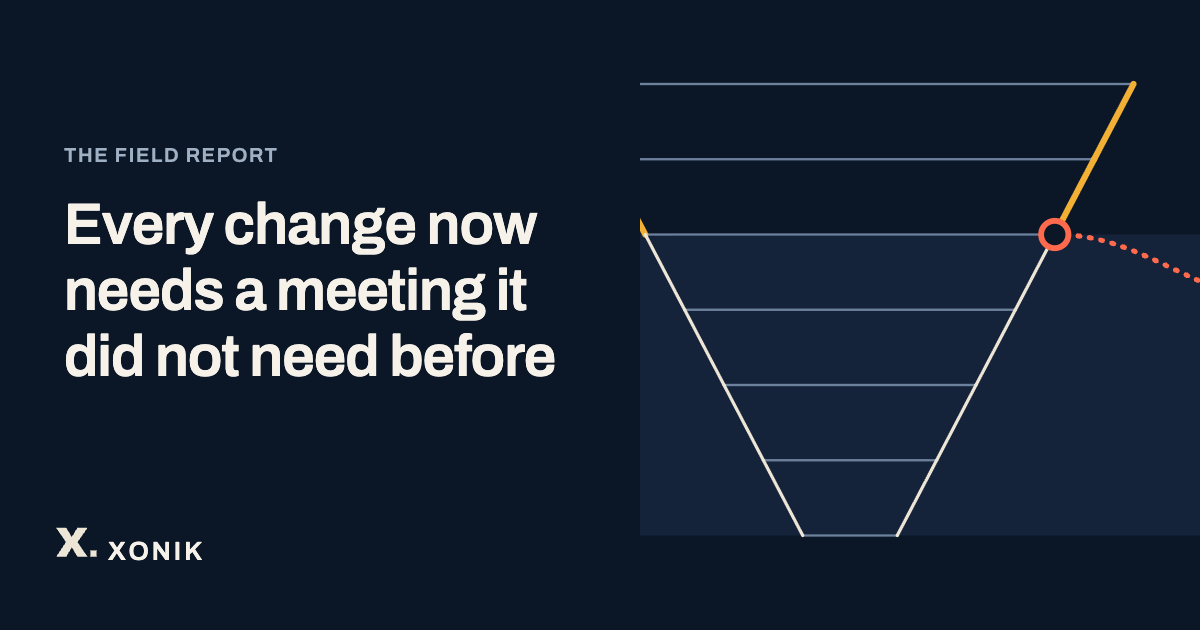 XONIK, Every change now needs a meeting it did not need before. Line illustration of changes passing through more and more approvals until few come out, drawn as a narrowing funnel with one leak.