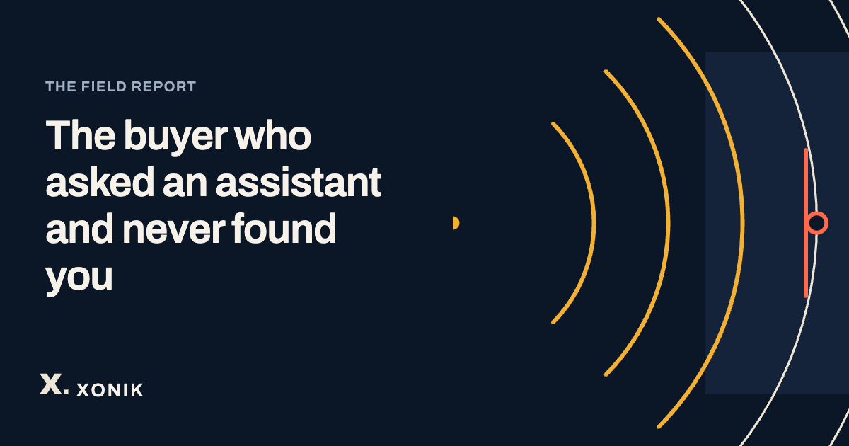 XONIK, The buyer who asked an assistant and never found you. Line illustration of a buyer's question traveling outward, reaching everything except the business, drawn as arcs from a dot, one blocked.