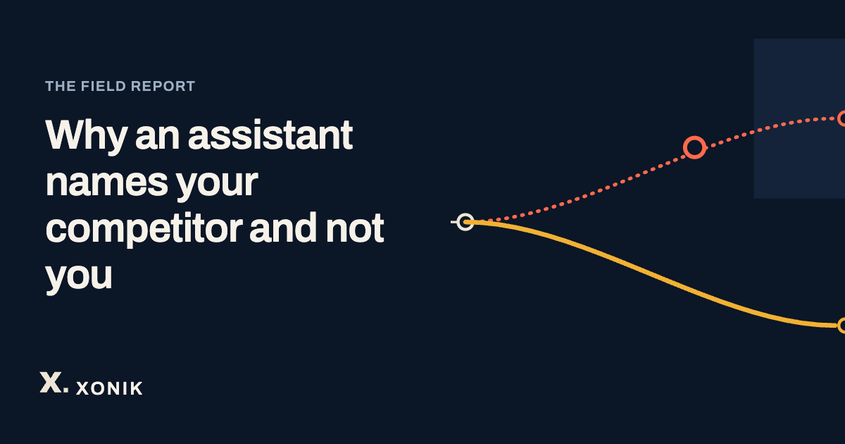 XONIK, Why an assistant names your competitor and not you. Line illustration of an assistant choosing between two firms, one that can be verified and one that cannot, drawn as one line splitting, one branch short.