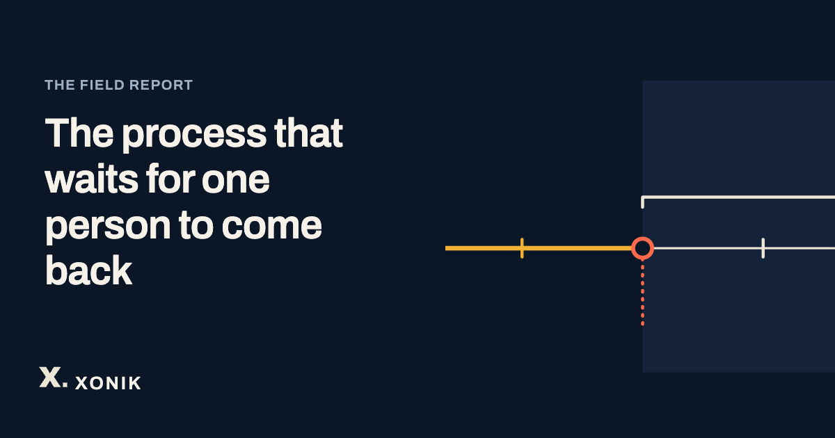 XONIK, The process that waits for one person to come back. Line illustration of a process stopped on a line until one person returns, drawn as a ticked line that slips once.