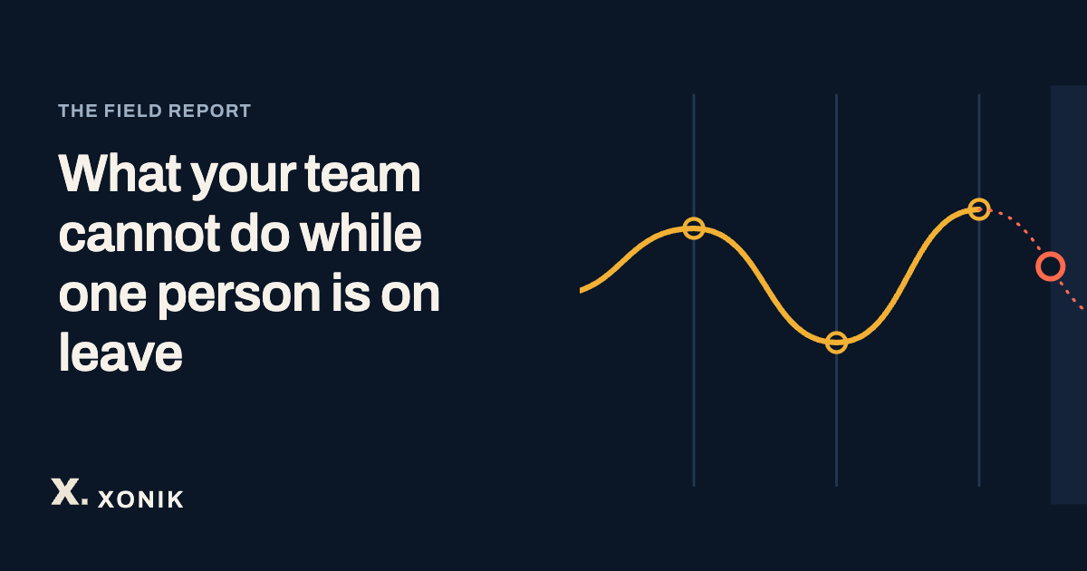 XONIK, What your team cannot do while one person is on leave. Line illustration of a team's capabilities as columns, with the ones that stop during an absence, drawn as columns crossed by a broken path.