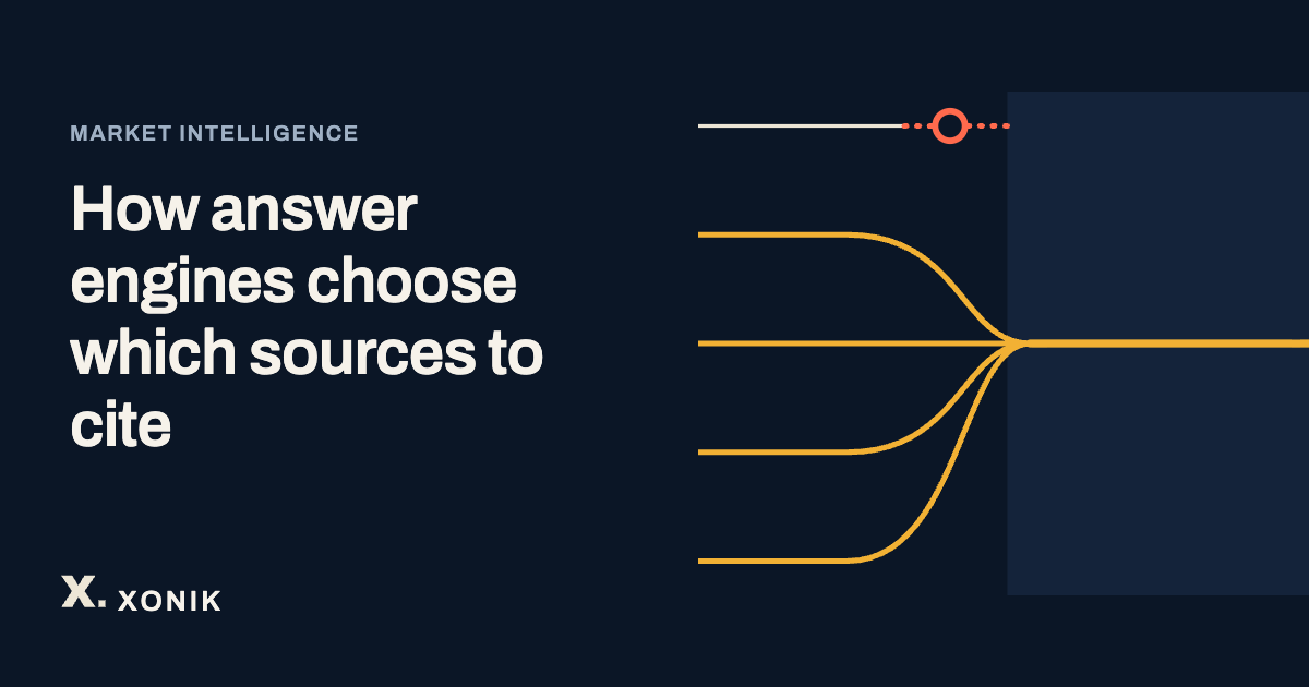 XONIK, How answer engines choose which sources to cite. Line illustration of many pages converging on the few an answer cites, with one that is passed over, drawn as lines converging, one stopping short.