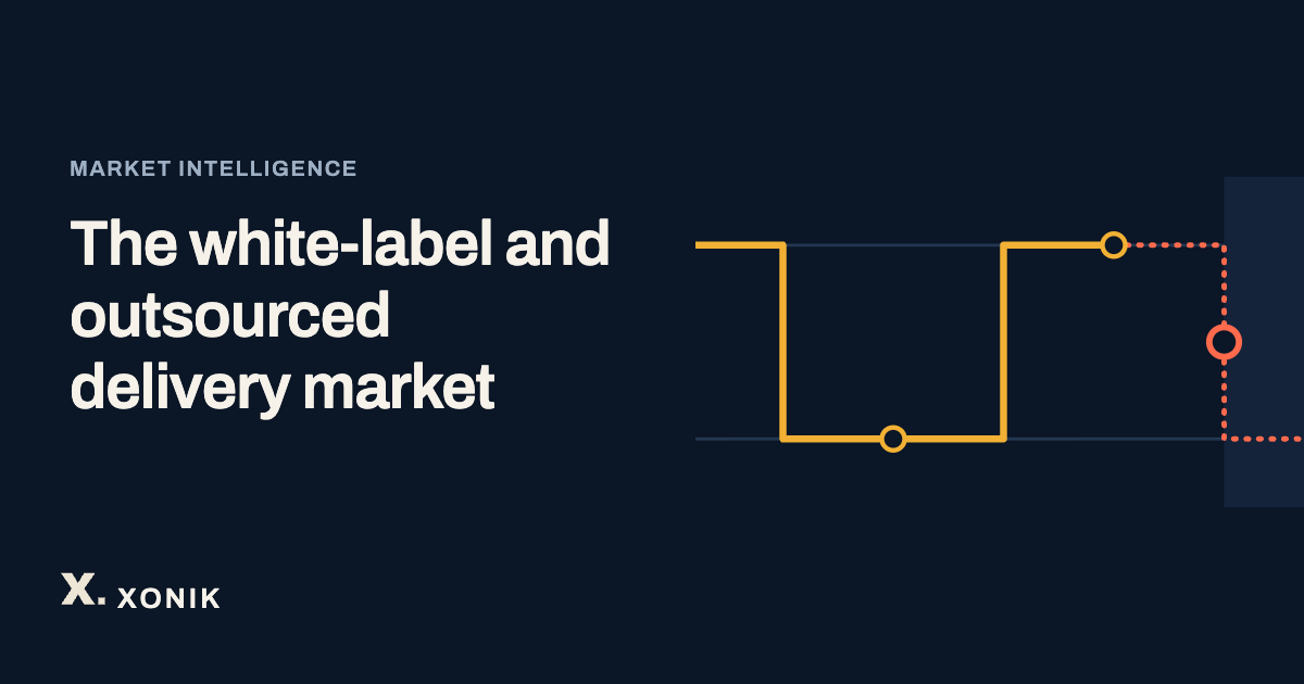 XONIK, The white-label and outsourced delivery market. Line illustration of delivery passing between an agency and its delivery partner, and the hand-off that changes hands, drawn as parallel lanes, one hand-off broken.
