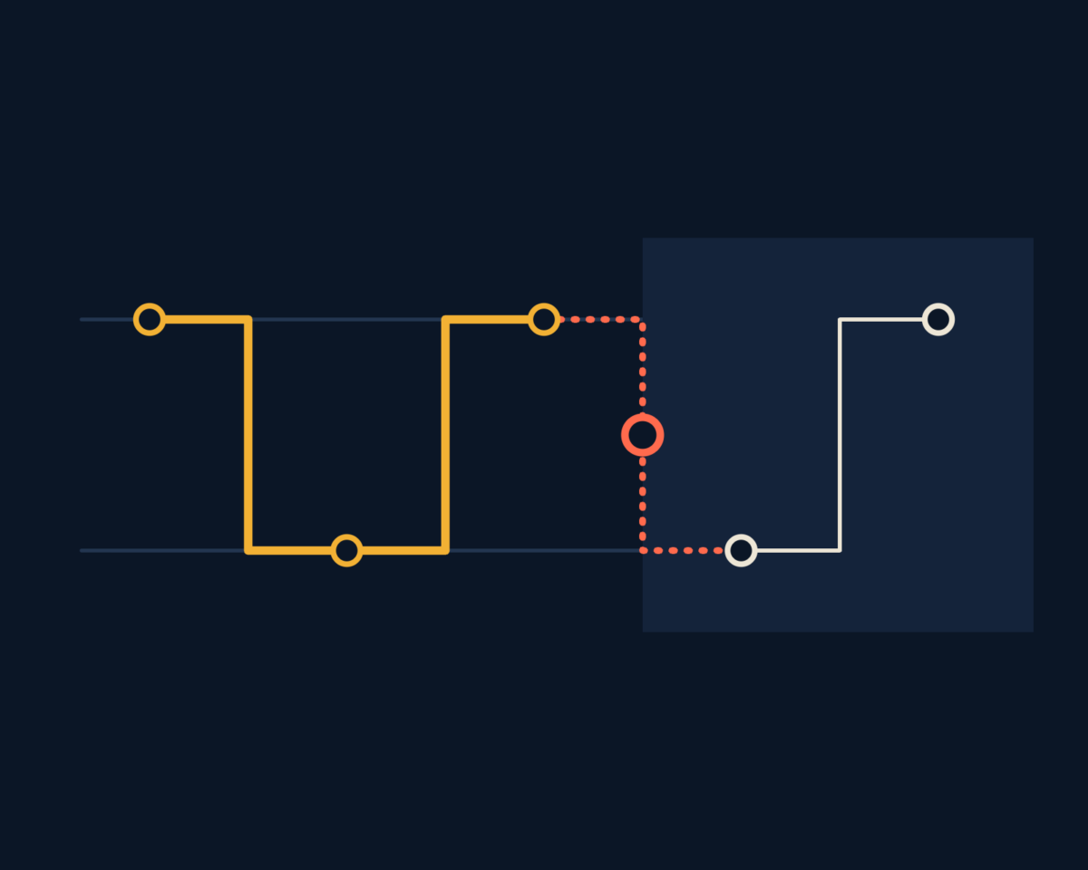 Line illustration of a decision exchanged between an executive and an independent counterpart, and the exchange that does not happen, drawn as parallel lanes, one hand-off broken.